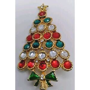 Vintage Brooch Christmas Tree Goldtone Rhinestones Facted Star Enamel Bow 2 In.